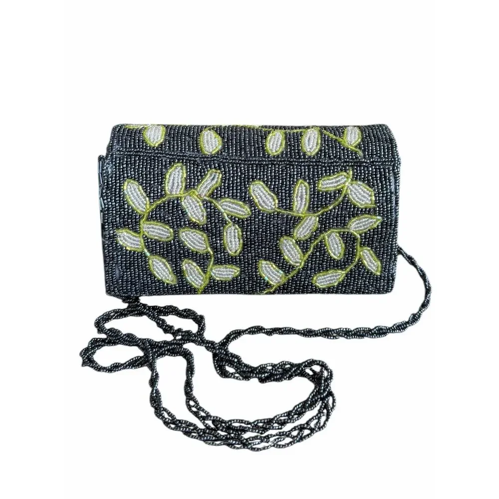 VTG Beaded Crossbody Evening Bag Gunmetal Floral Cocktail Purse Special Event